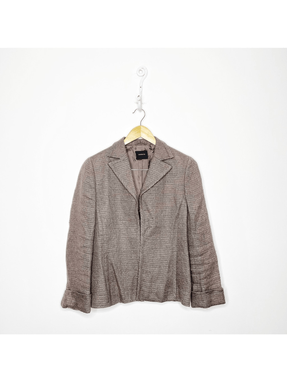 AKRIS Tweed Blazer tan brown textured knit notched collar designer womens US 6